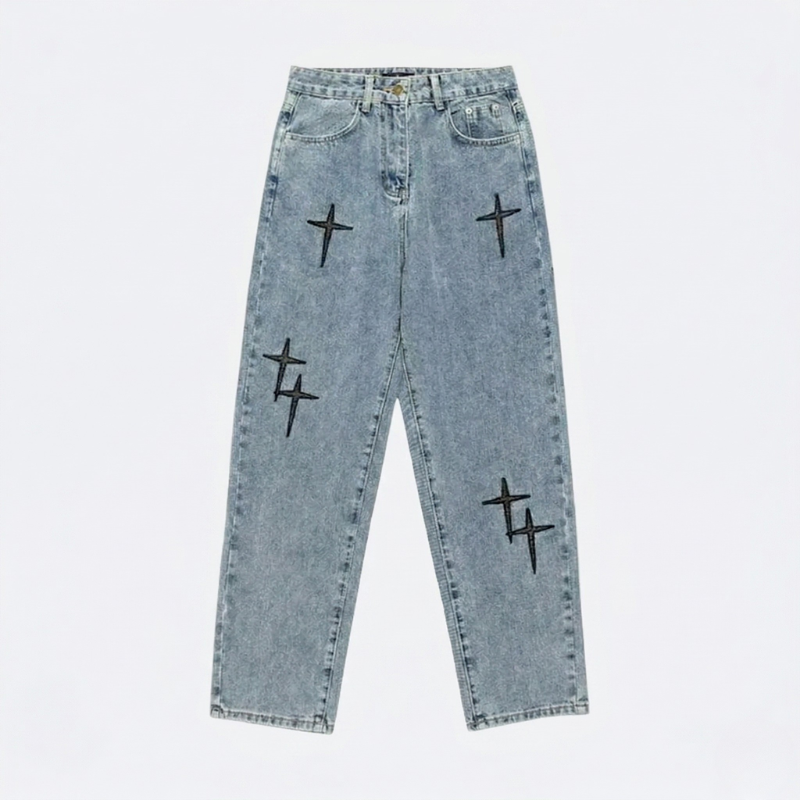 Relaxed Fit Denim Jeans with Crosses | Y2K Streetwear