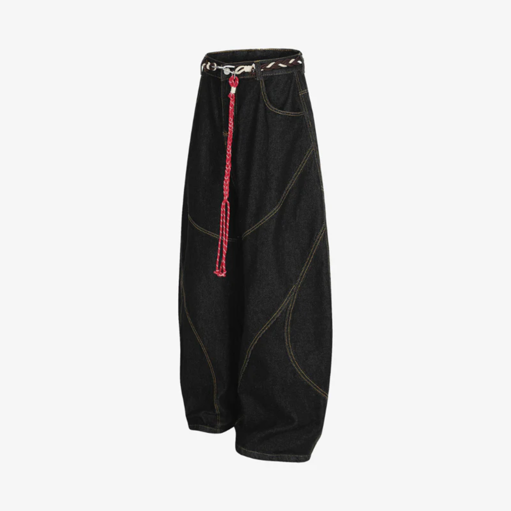 Retro Barrel Jeans - Patchwork Denim Blue and Black-Tithesource-