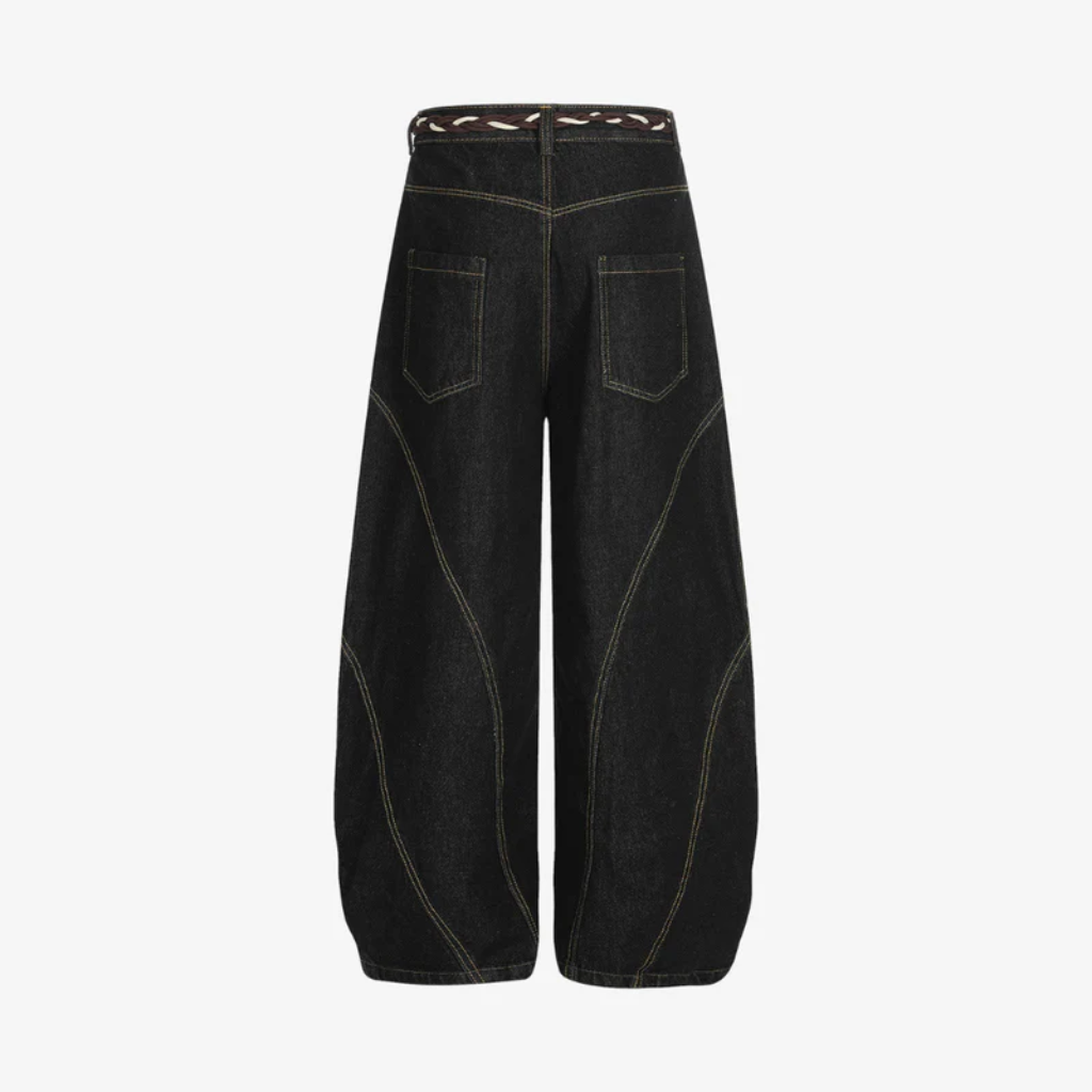 Retro Barrel Jeans - Patchwork Denim Blue and Black-Tithesource-