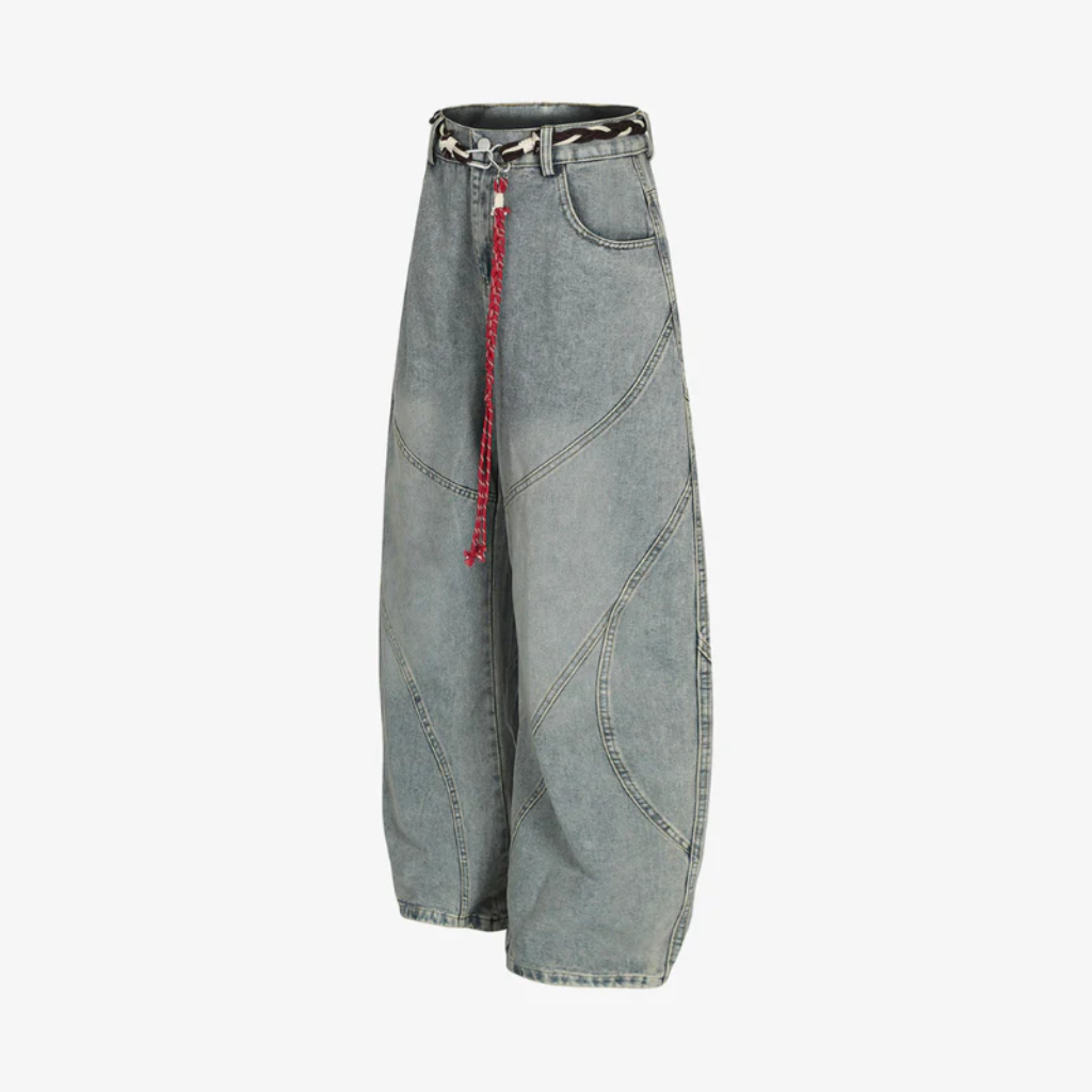 Retro Barrel Jeans - Patchwork Denim Blue and Black-Tithesource-
