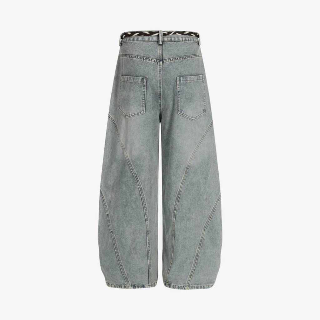 Retro Barrel Jeans - Patchwork Denim Blue and Black-Tithesource-