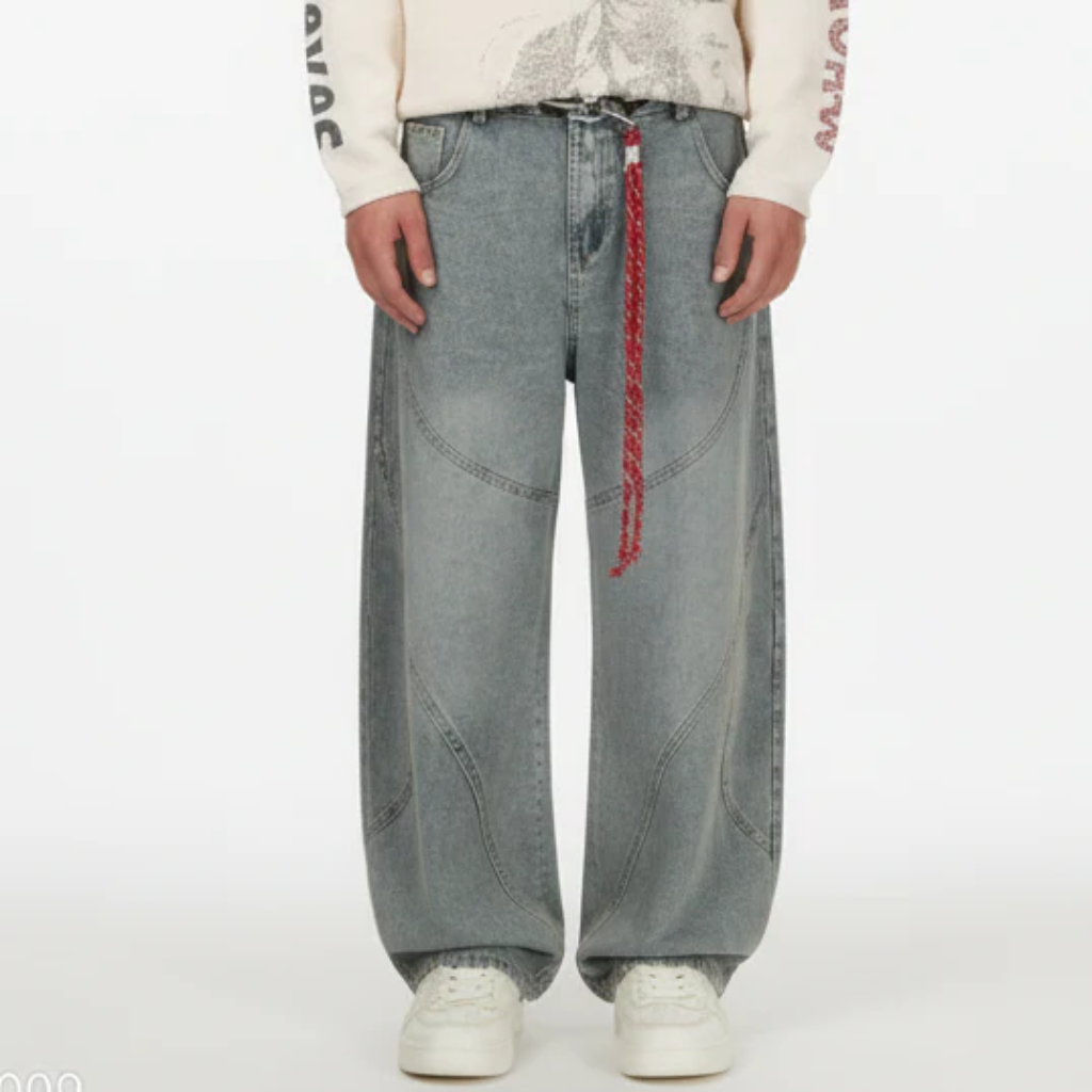 Retro Barrel Jeans - Patchwork Denim Blue and Black-Tithesource-