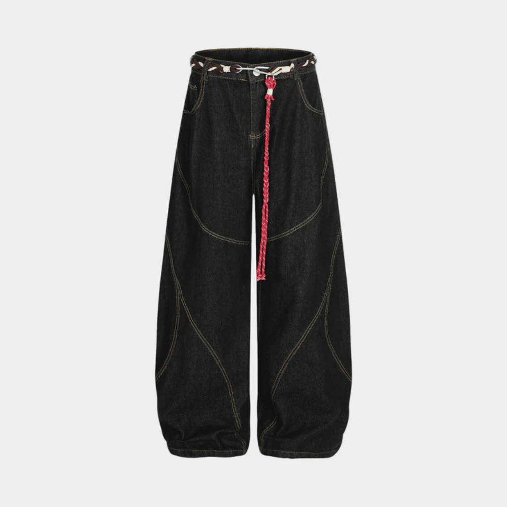 Retro Barrel Jeans - Patchwork Denim Blue and Black-Tithesource-Black-S-