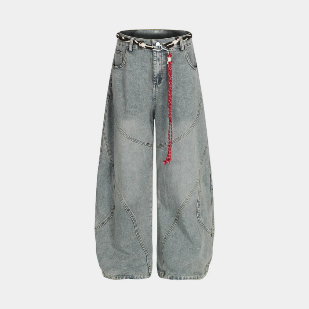 Retro Barrel Jeans - Patchwork Denim Blue and Black-Tithesource-Blue-S-