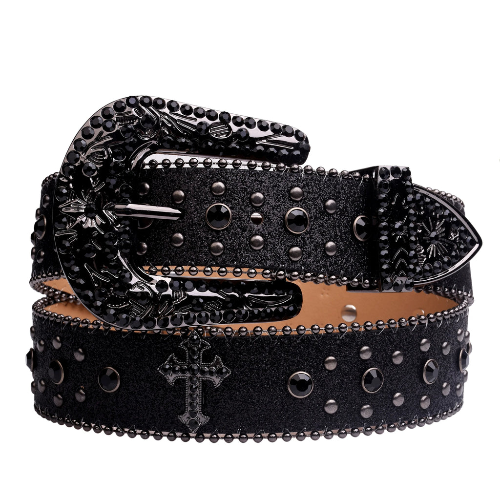 Rhinestone Diamant Cross Belt Women - Western Cowboy Buckle Belt-Tithesource-Black-41.33 inches-