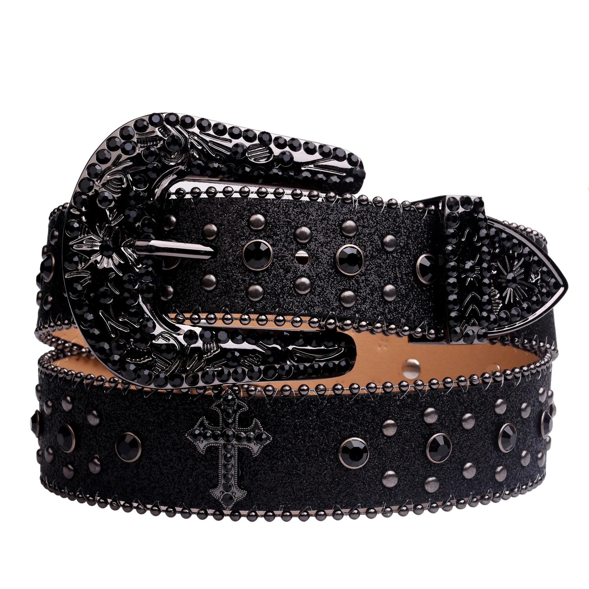Rhinestone Diamant Cross Belt Women - Western Cowboy Buckle Belt-Tithesource-Black-41.33 inches-