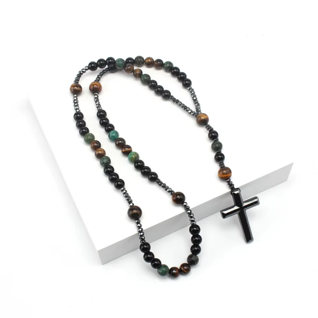 Rosary Necklace Cross Tiger Eye Natural Stone Beaded Men Women