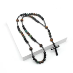 Rosary Necklace Cross Tiger Eye Natural Stone Beaded Men Women