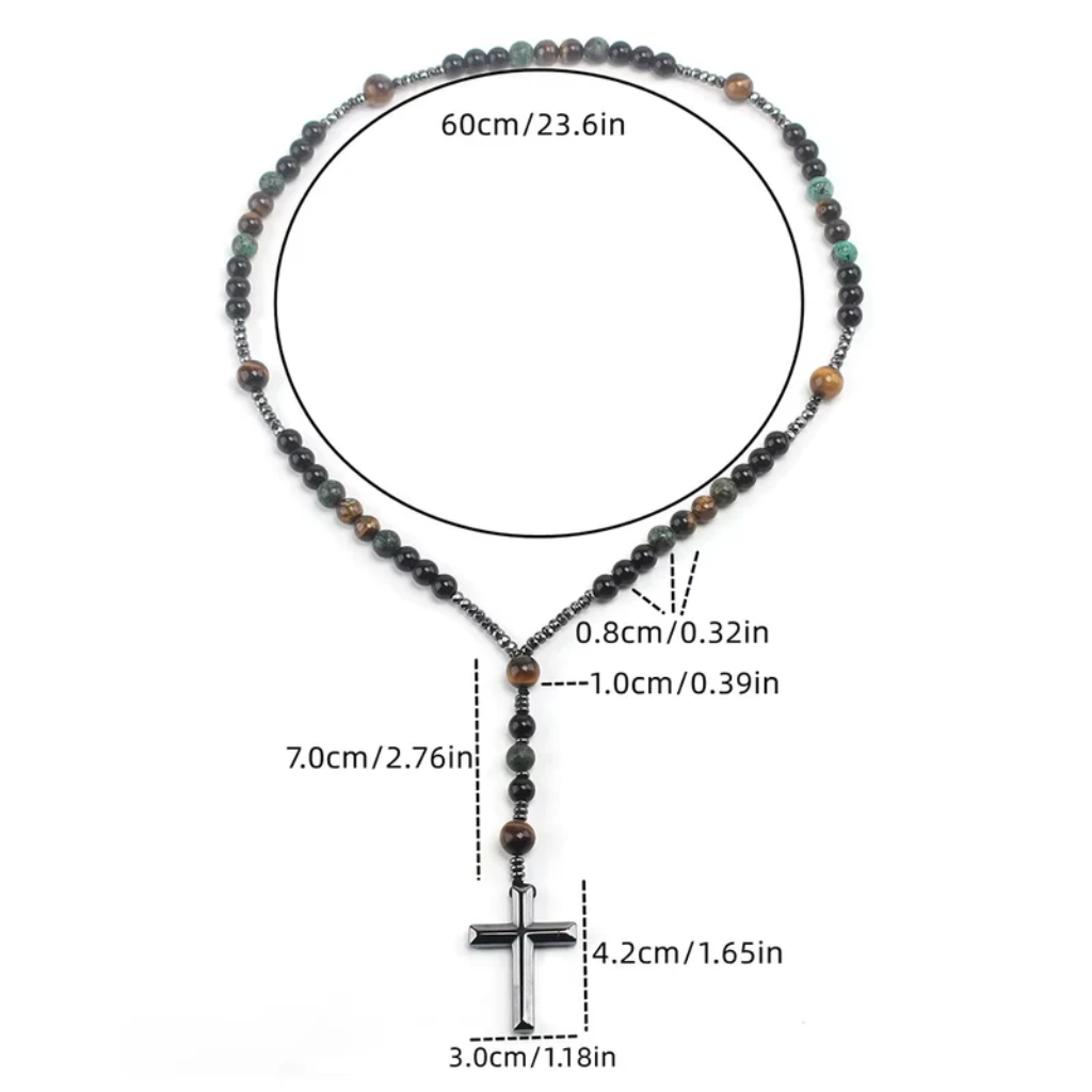 Rosary Necklace Cross Tiger Eye Natural Stone Beaded Men Women