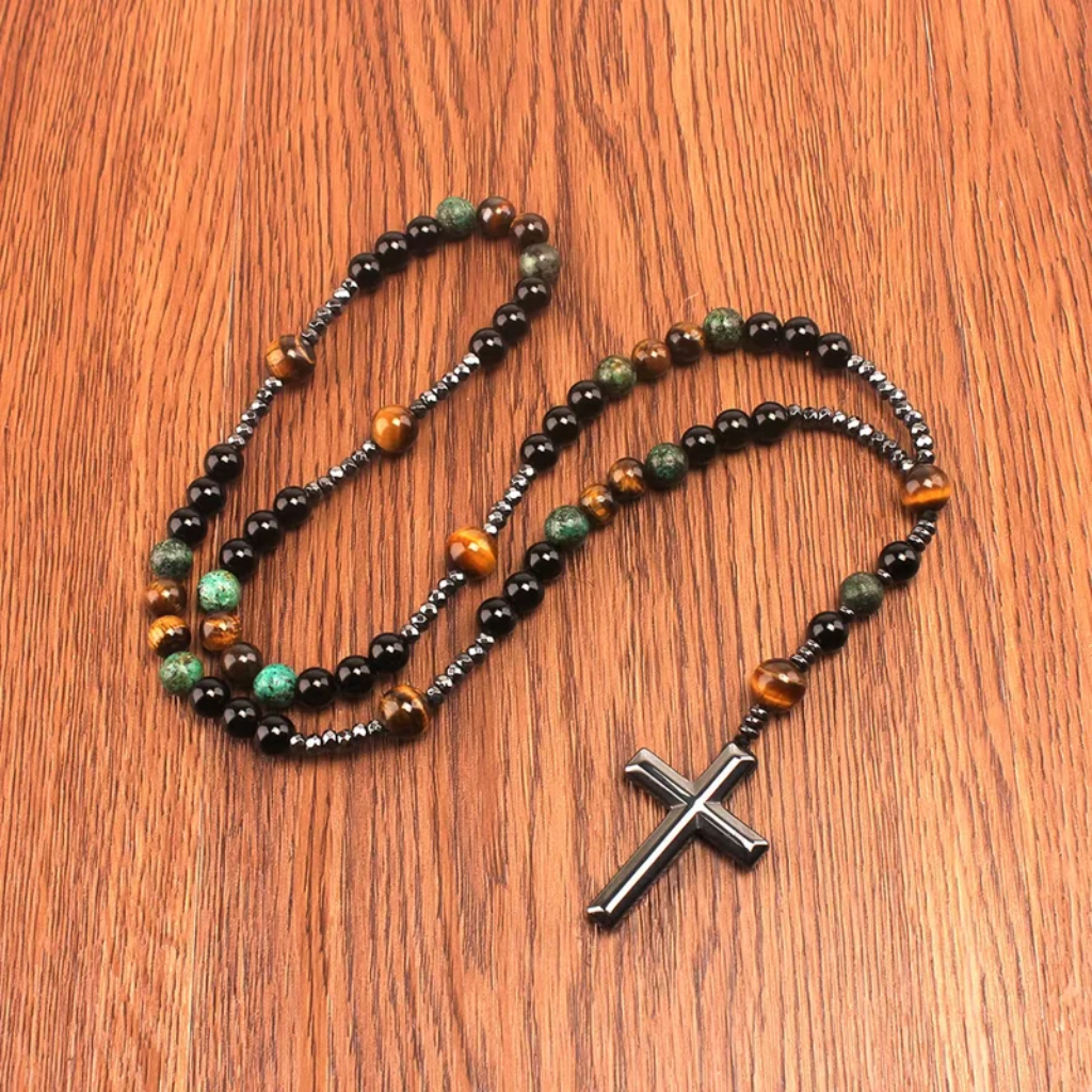 Rosary Necklace Cross Tiger Eye Natural Stone Beaded Men Women