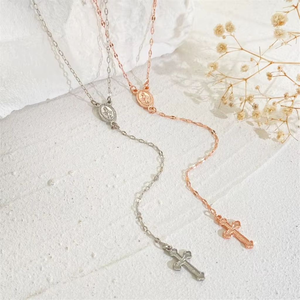 Rosary Necklace Women Cross Stainless Steel Beaded