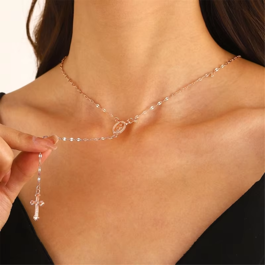 Rosary Necklace Women Cross Stainless Steel Beaded