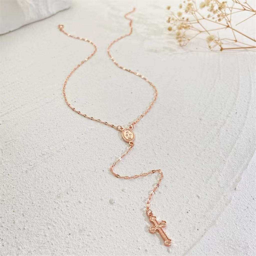 Rosary Necklace Women Cross Stainless Steel Beaded