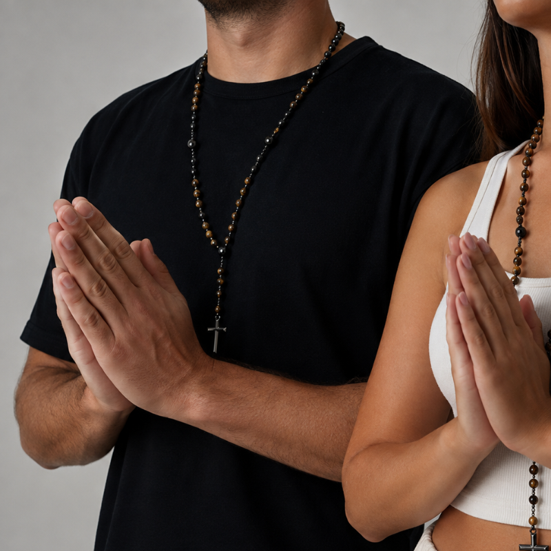 Rosary Necklace Cross Tiger Eye Natural Stone Beaded Men Women