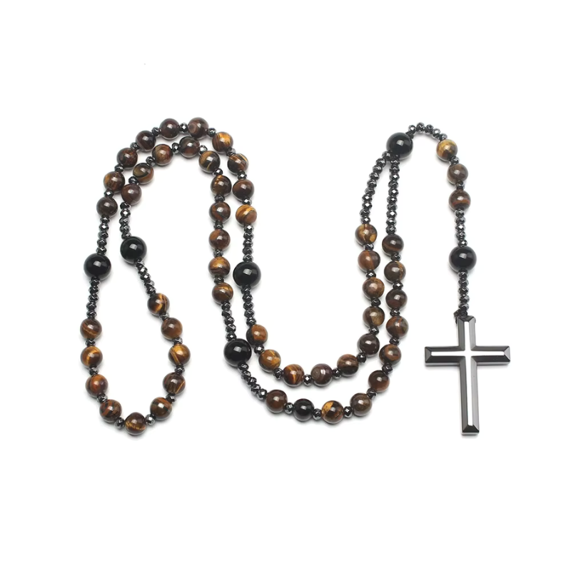 Rosary Necklace Cross Tiger Eye Natural Stone Beaded Men Women