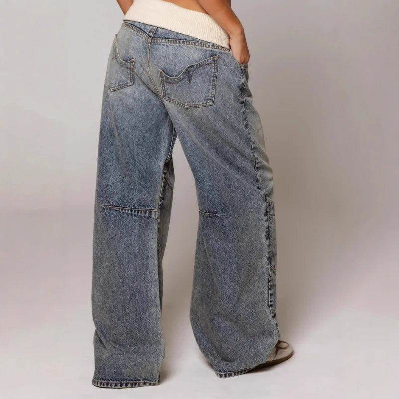 Baggy Jeans Women Blue Ribbed Waist Streetwear Y2K