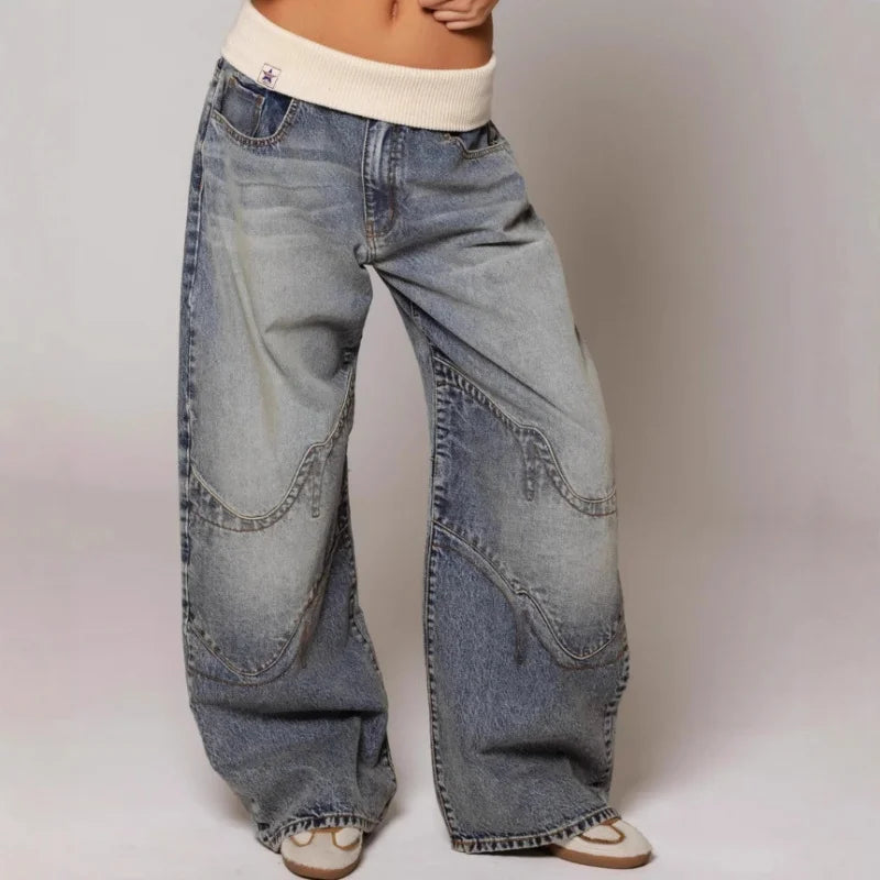 Baggy Jeans Women Blue Ribbed Waist Streetwear Y2K