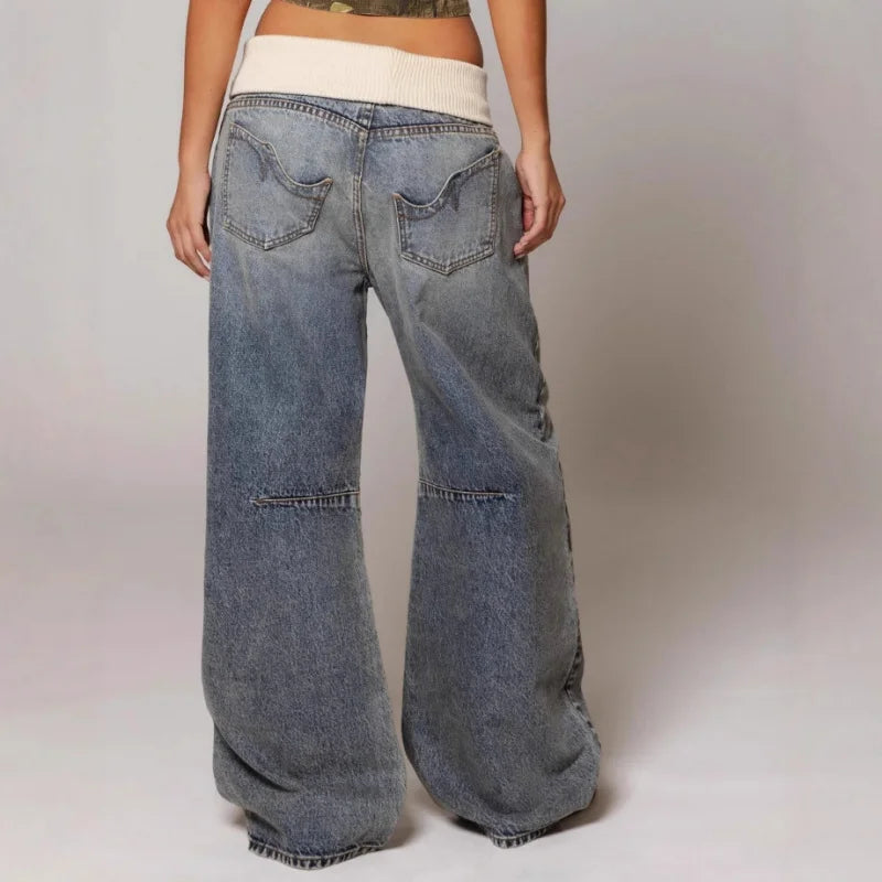Baggy Jeans Women Blue Ribbed Waist Streetwear Y2K