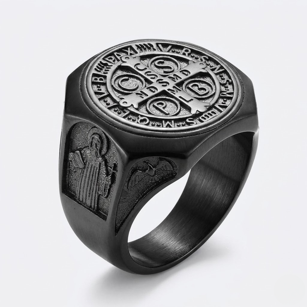 Saint Benedict Ring Catholic Cross Medal Protection Stainless Steel Signet Ring Men-Tithesource-