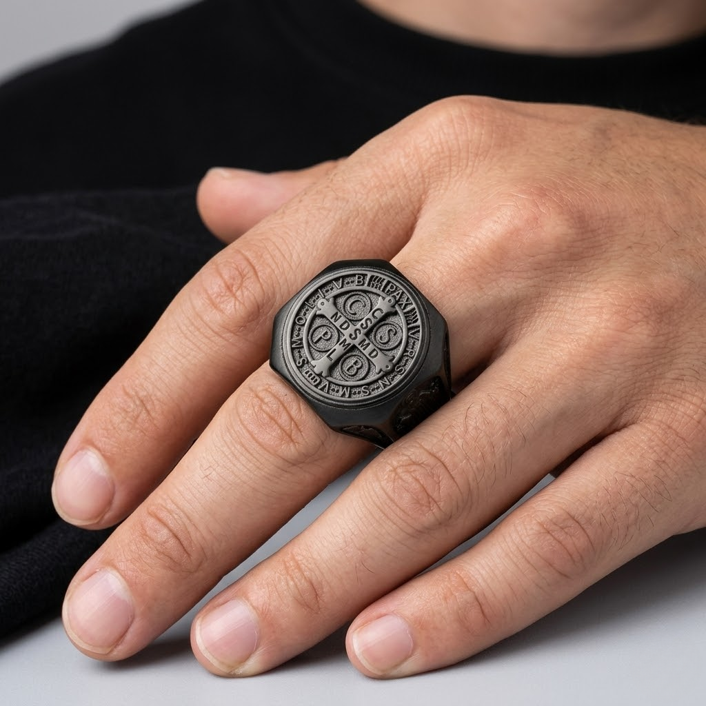 Saint Benedict Ring Catholic Cross Medal Protection Stainless Steel Signet Ring Men-Tithesource-