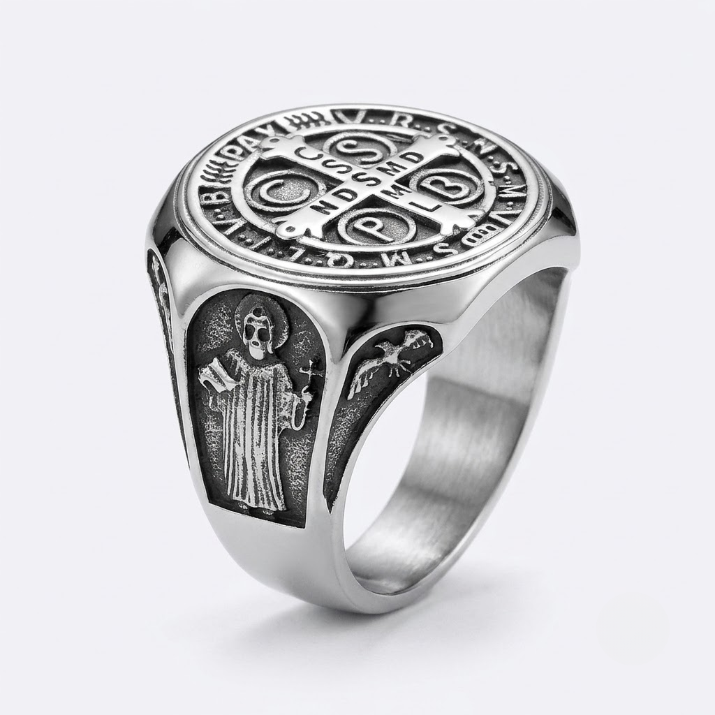 Saint Benedict Ring Catholic Cross Medal Protection Stainless Steel Signet Ring Men-Tithesource-