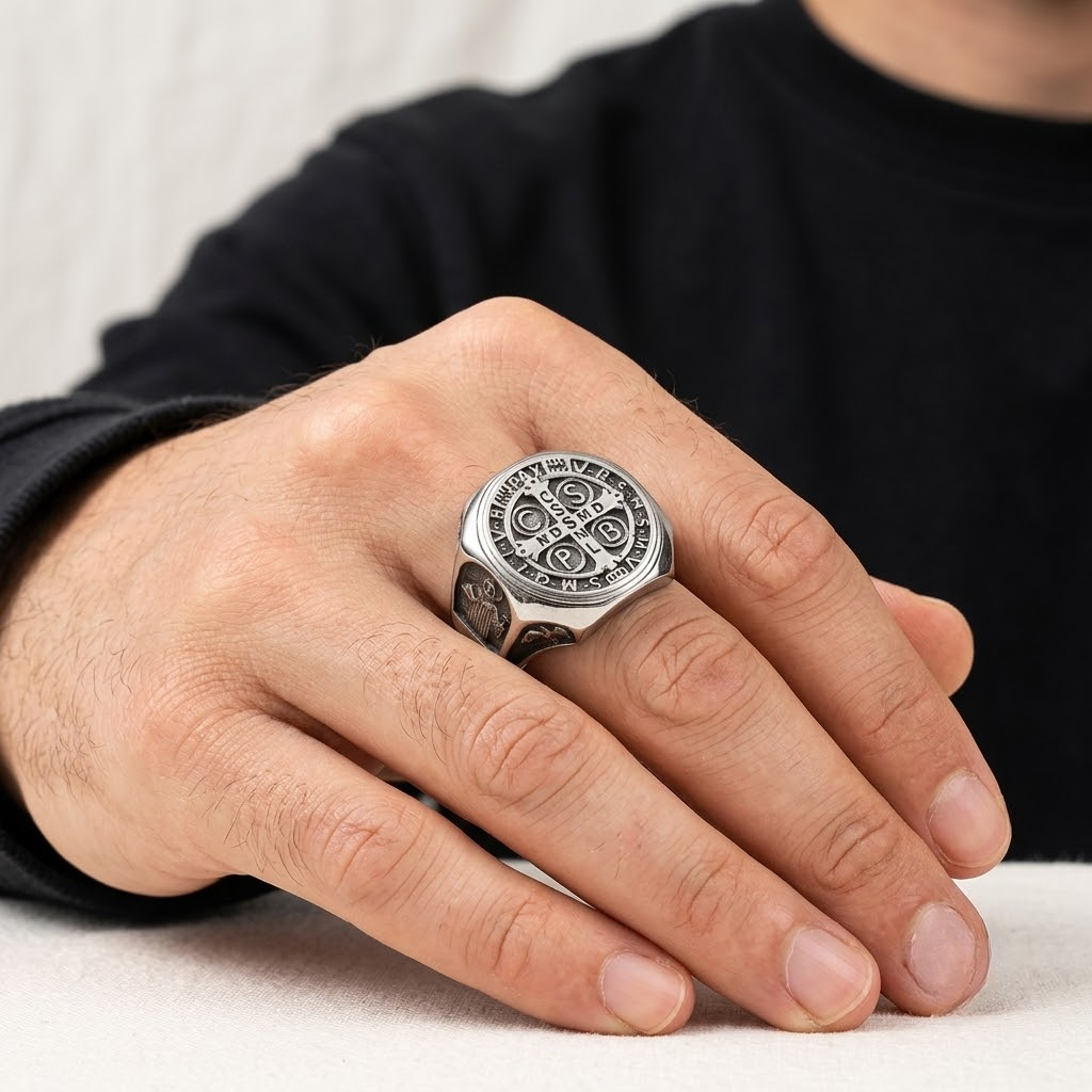 Saint Benedict Ring Catholic Cross Medal Protection Stainless Steel Signet Ring Men-Tithesource-