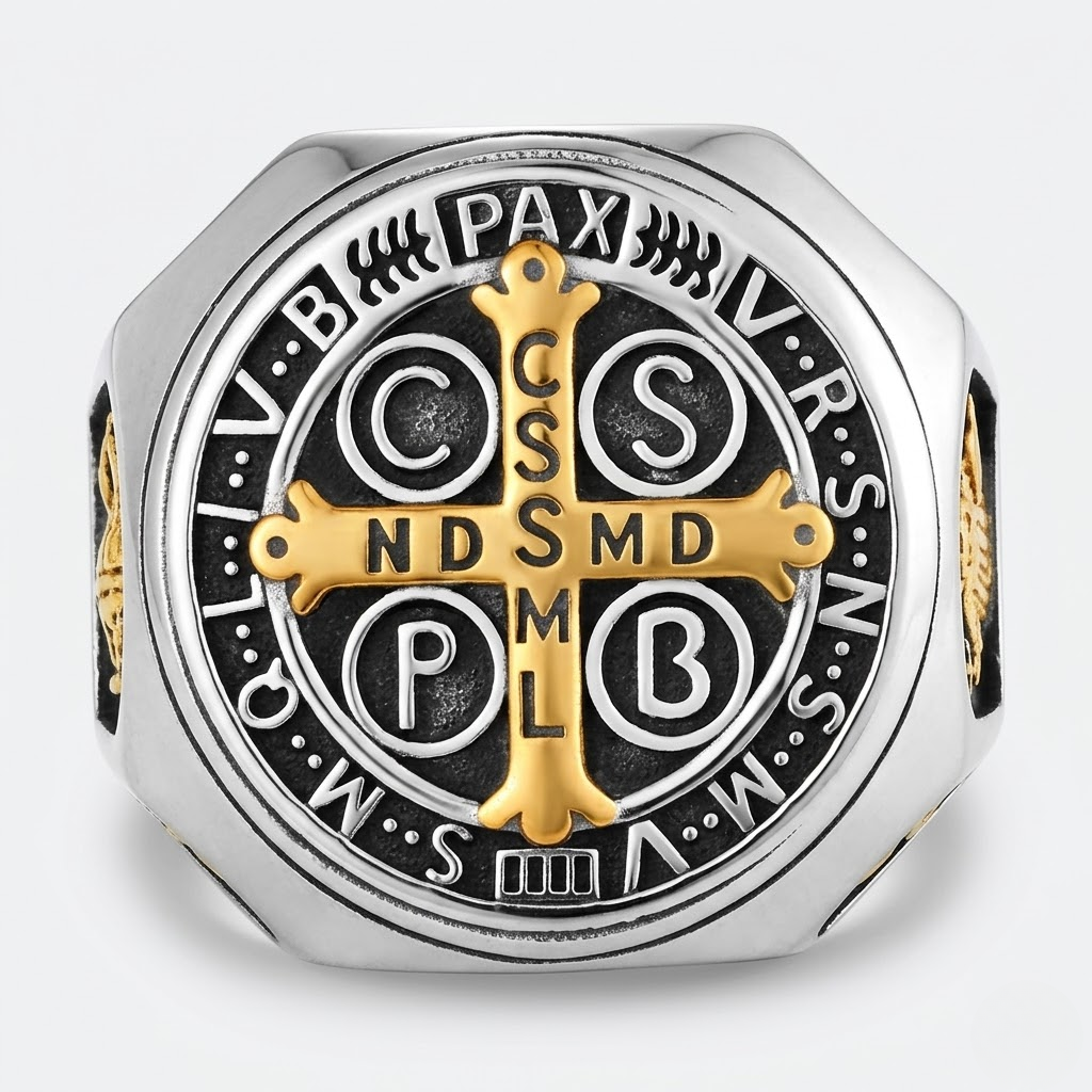 Saint Benedict Ring Catholic Cross Medal Protection Stainless Steel Signet Ring Men-Tithesource-