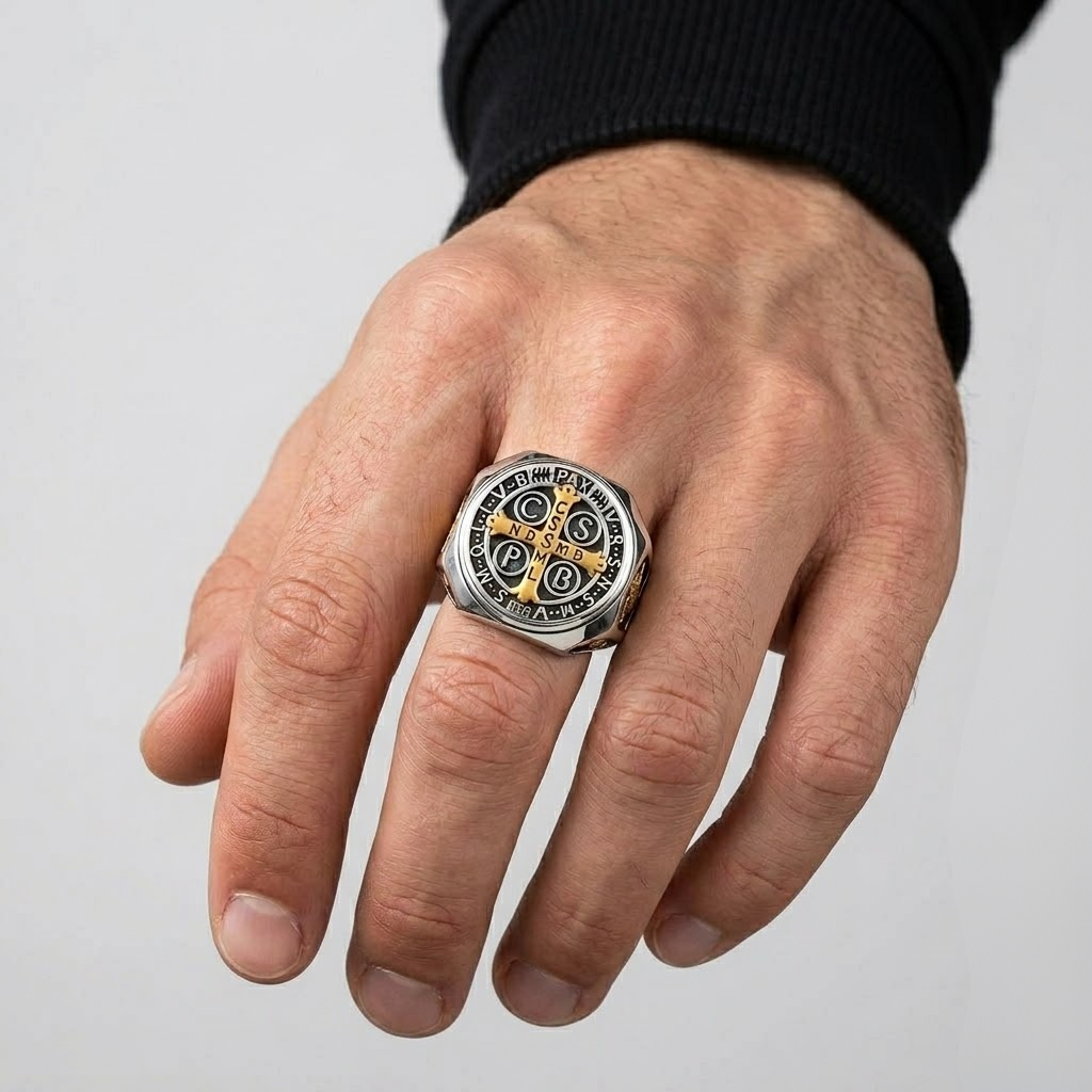 Saint Benedict Ring Catholic Cross Medal Protection Stainless Steel Signet Ring Men-Tithesource-