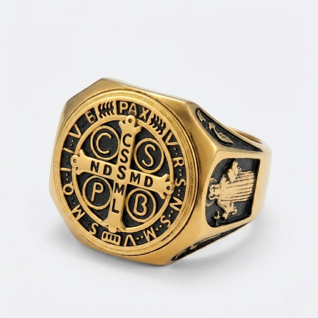 Saint Benedict Ring Catholic Cross Medal Protection Stainless Steel Signet Ring Men-Tithesource-