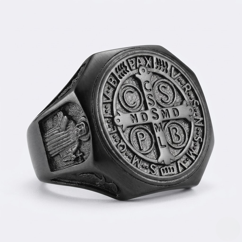 Saint Benedict Ring Catholic Cross Medal Protection Stainless Steel Signet Ring Men-Tithesource-Black-7-