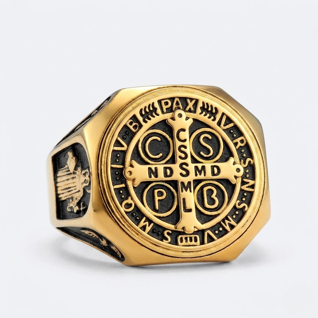 Saint Benedict Ring Catholic Cross Medal Protection Stainless Steel Signet Ring Men-Tithesource-Gold-7-