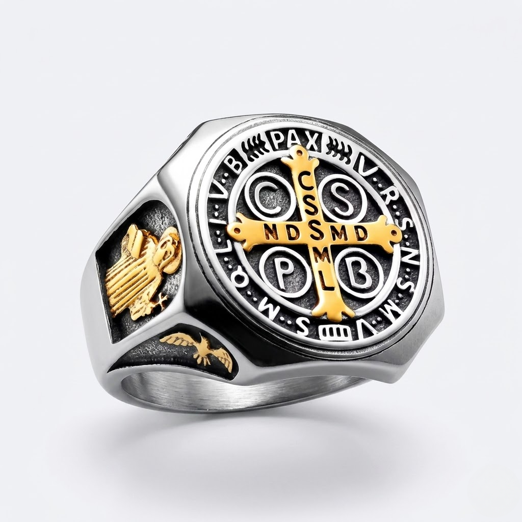 Saint Benedict Ring Catholic Cross Medal Protection Stainless Steel Signet Ring Men-Tithesource-Gold/Silver-7-
