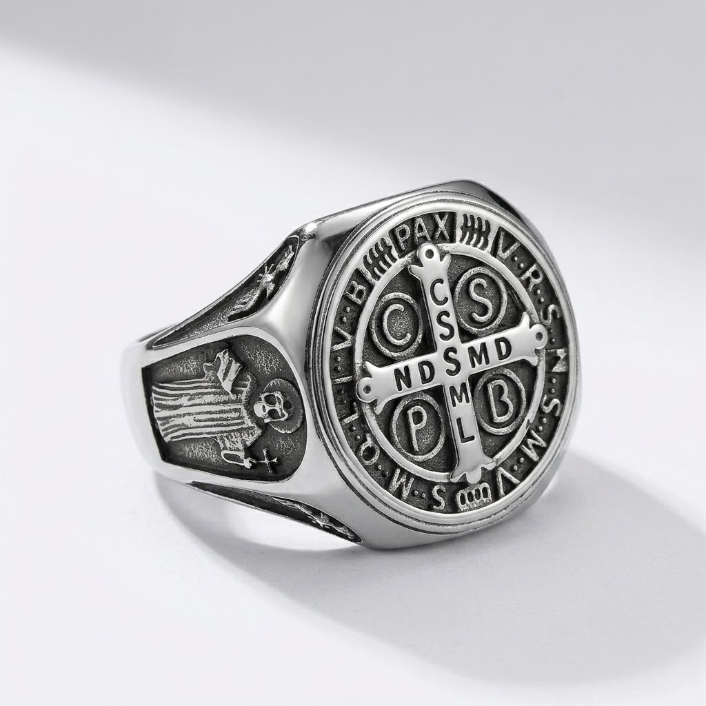 Saint Benedict Ring Catholic Cross Medal Protection Stainless Steel Signet Ring Men-Tithesource-Silver-7-