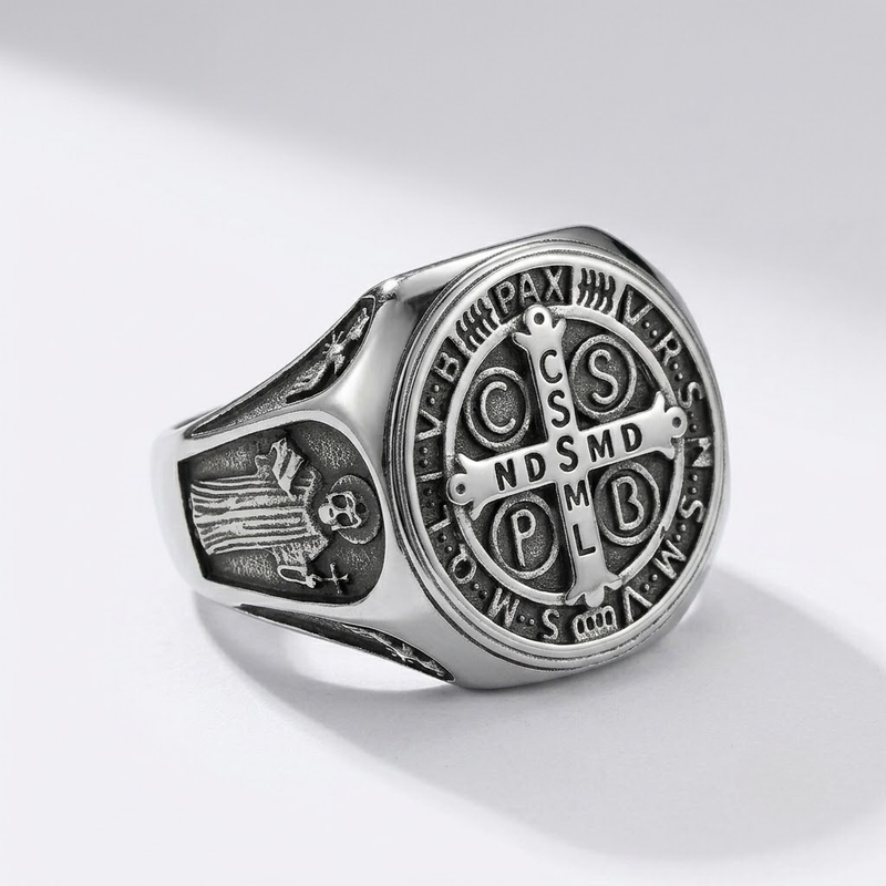 Saint Benedict Ring Catholic Cross Medal Protection Stainless Steel Signet Ring Men-Tithesource-Silver-7-