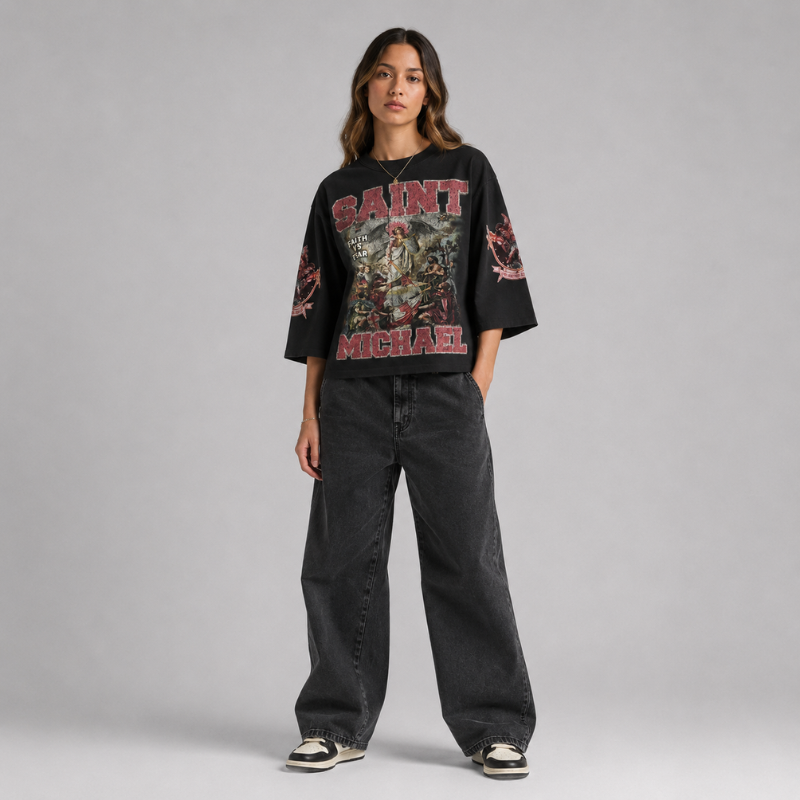 Saint Michael 3/4 Sleeve Shirt Cotton Oversized Graphic Streetwear