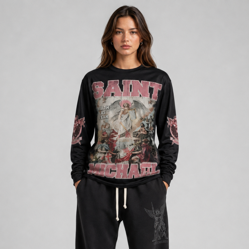 Long Sleeve Shirt Oversized Graphic Streetwear Christian Saint Michael