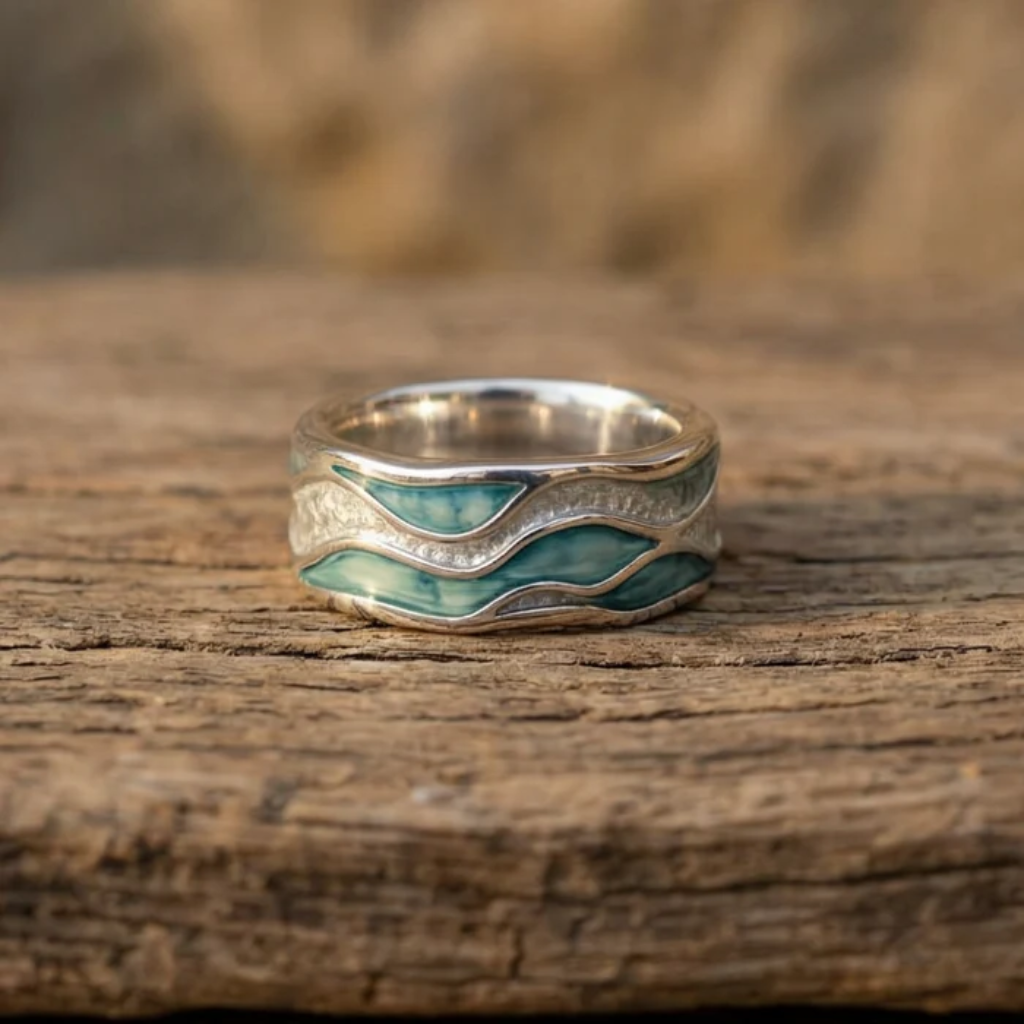 Sea Ripple Silver Ring | White Gold Color
