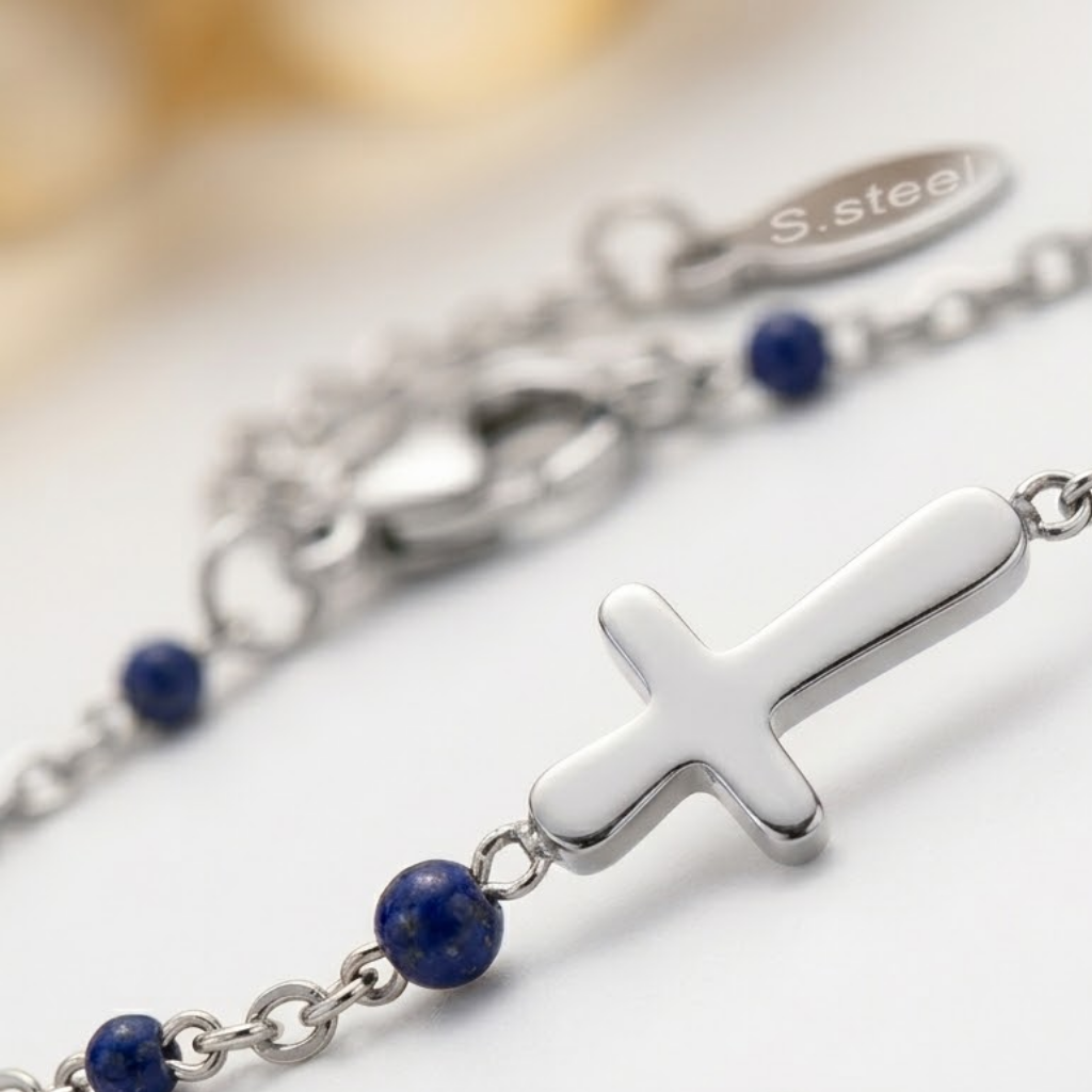 Silver Beaded Cross Bracelet