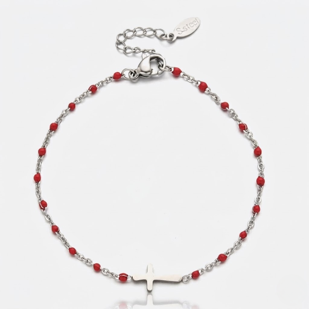 Silver Beaded Cross Bracelet