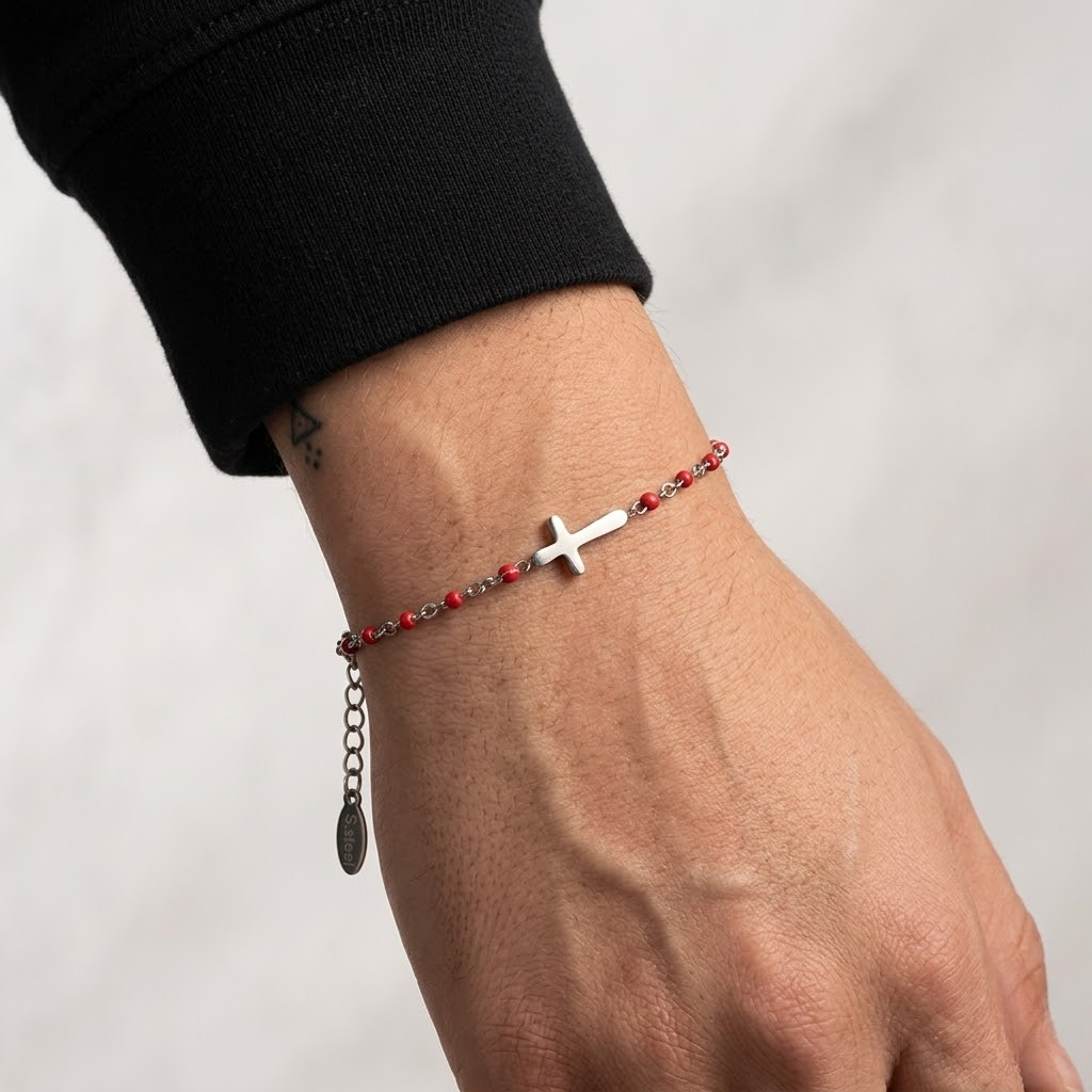 Silver Beaded Cross Bracelet