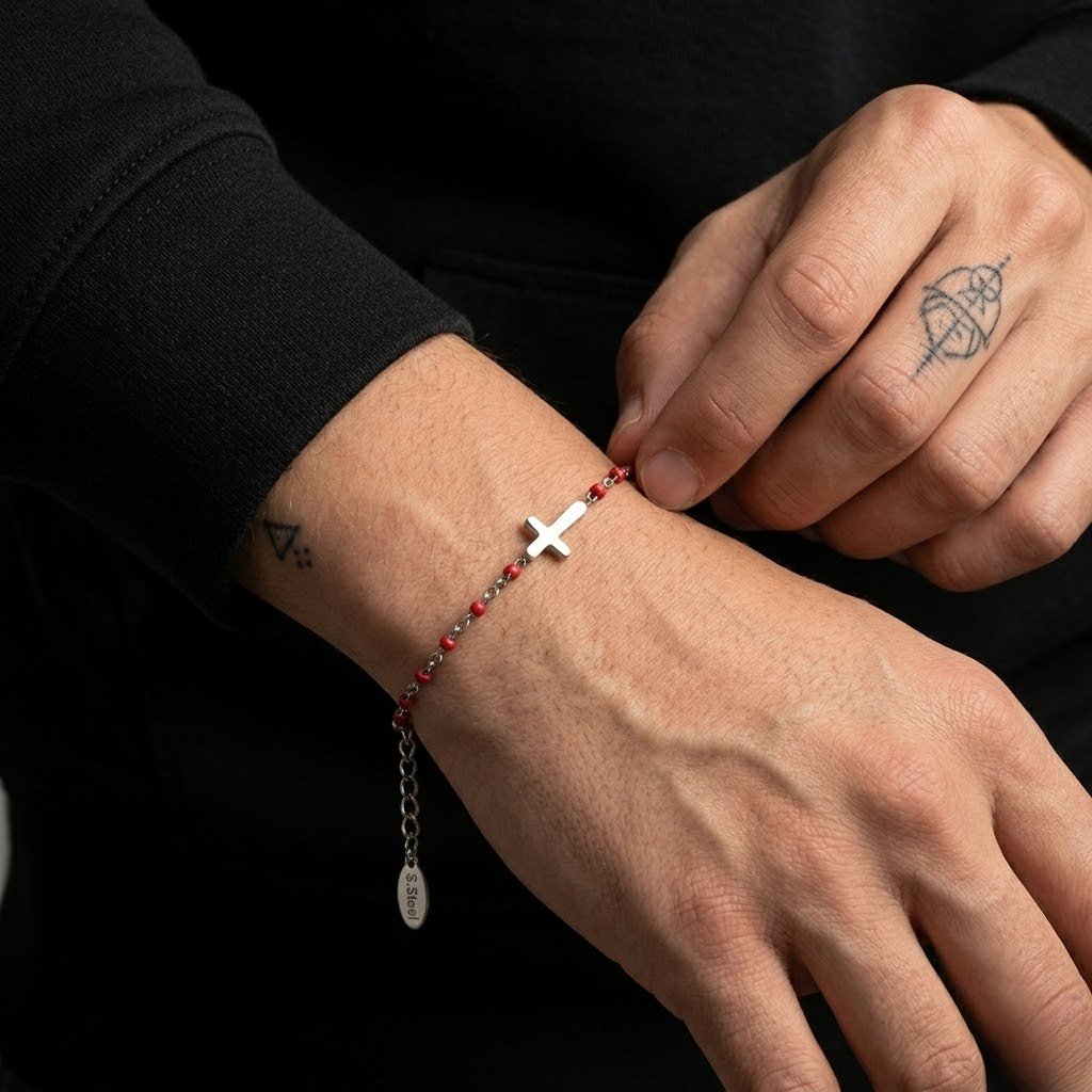 Silver Beaded Cross Bracelet