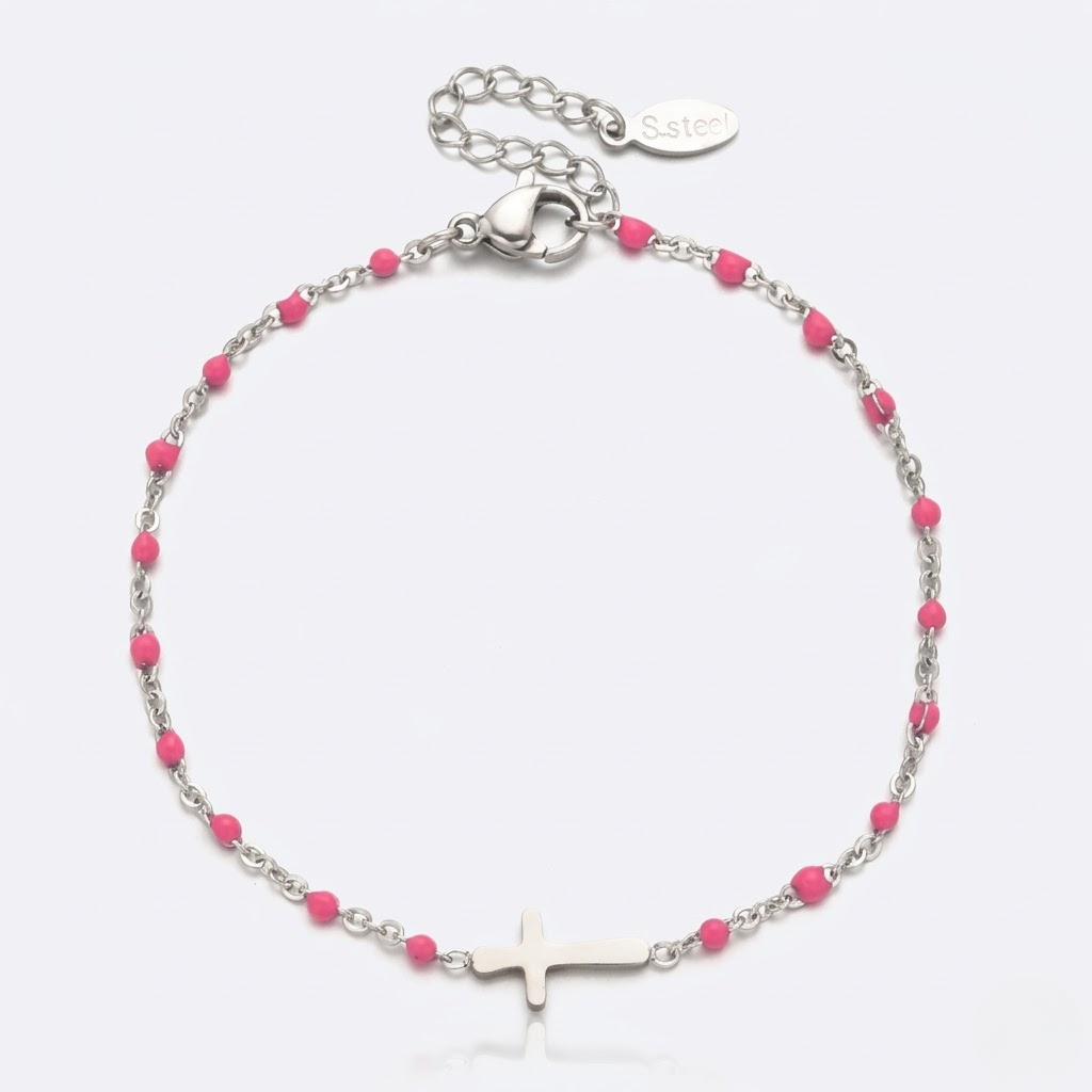 Silver Beaded Cross Bracelet