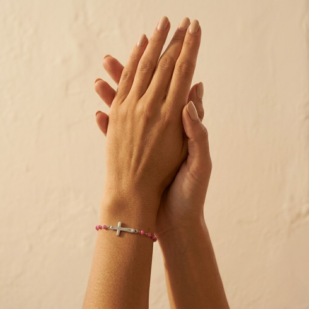 Silver Beaded Cross Bracelet