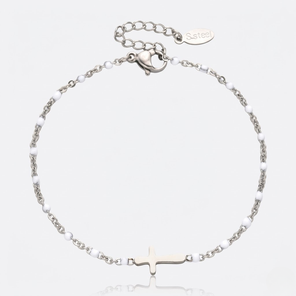 Silver Beaded Cross Bracelet