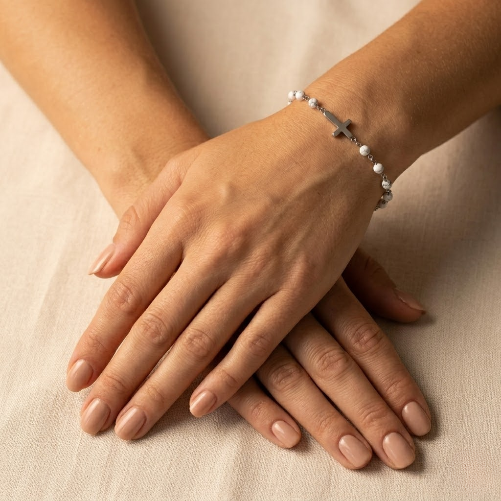 Silver Beaded Cross Bracelet