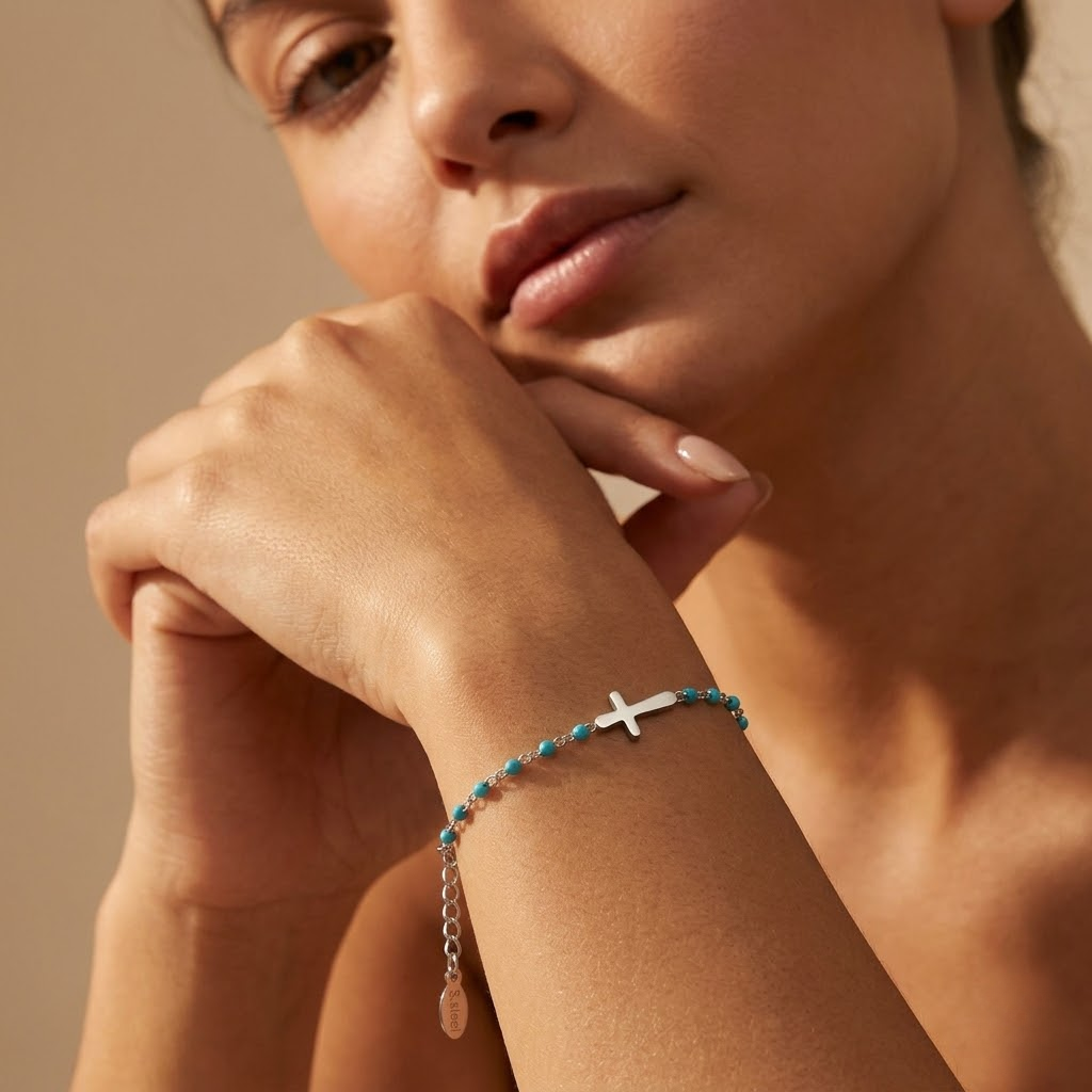Silver Beaded Cross Bracelet