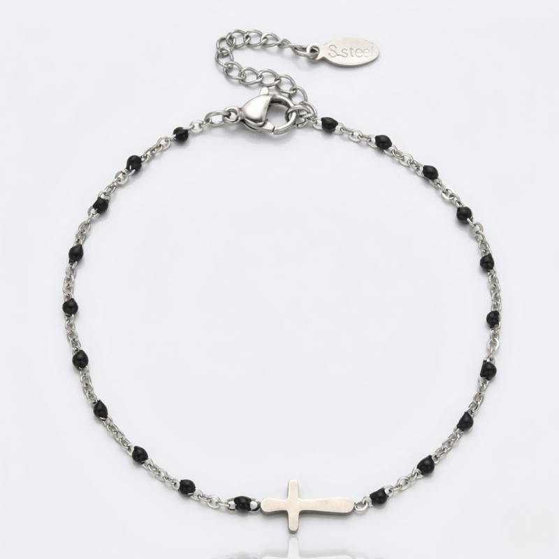 Silver Beaded Cross Bracelet