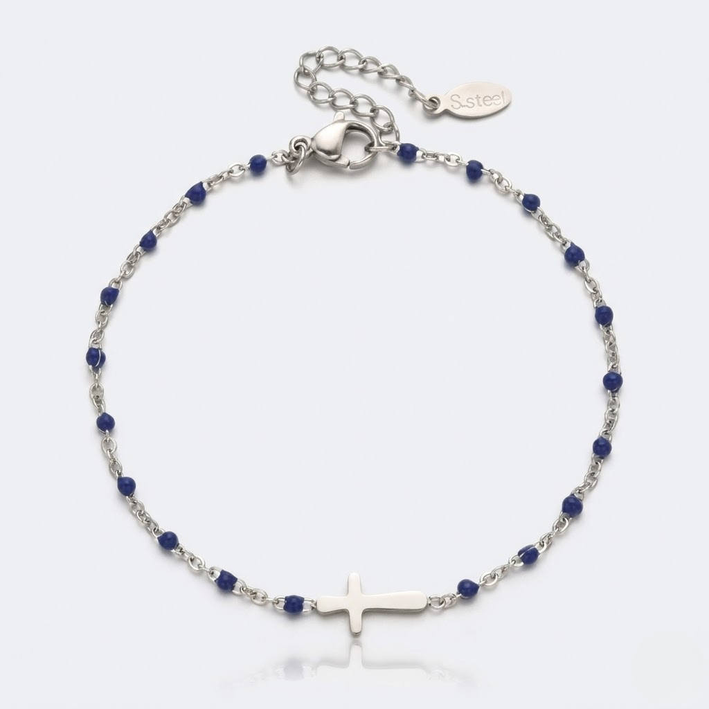 Silver Beaded Cross Bracelet