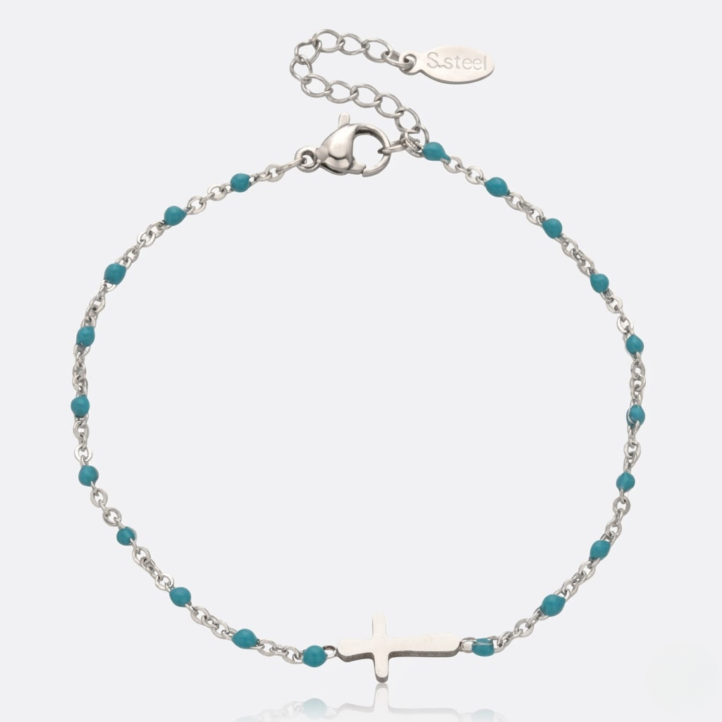 Silver Beaded Cross Bracelet