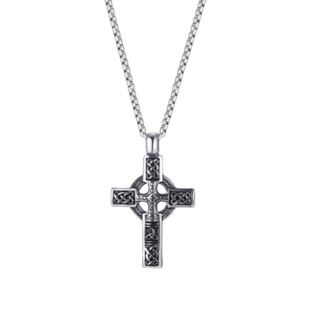 Silver Cross Necklace Pendant Celtic Irish Knotwork Engraved Antique